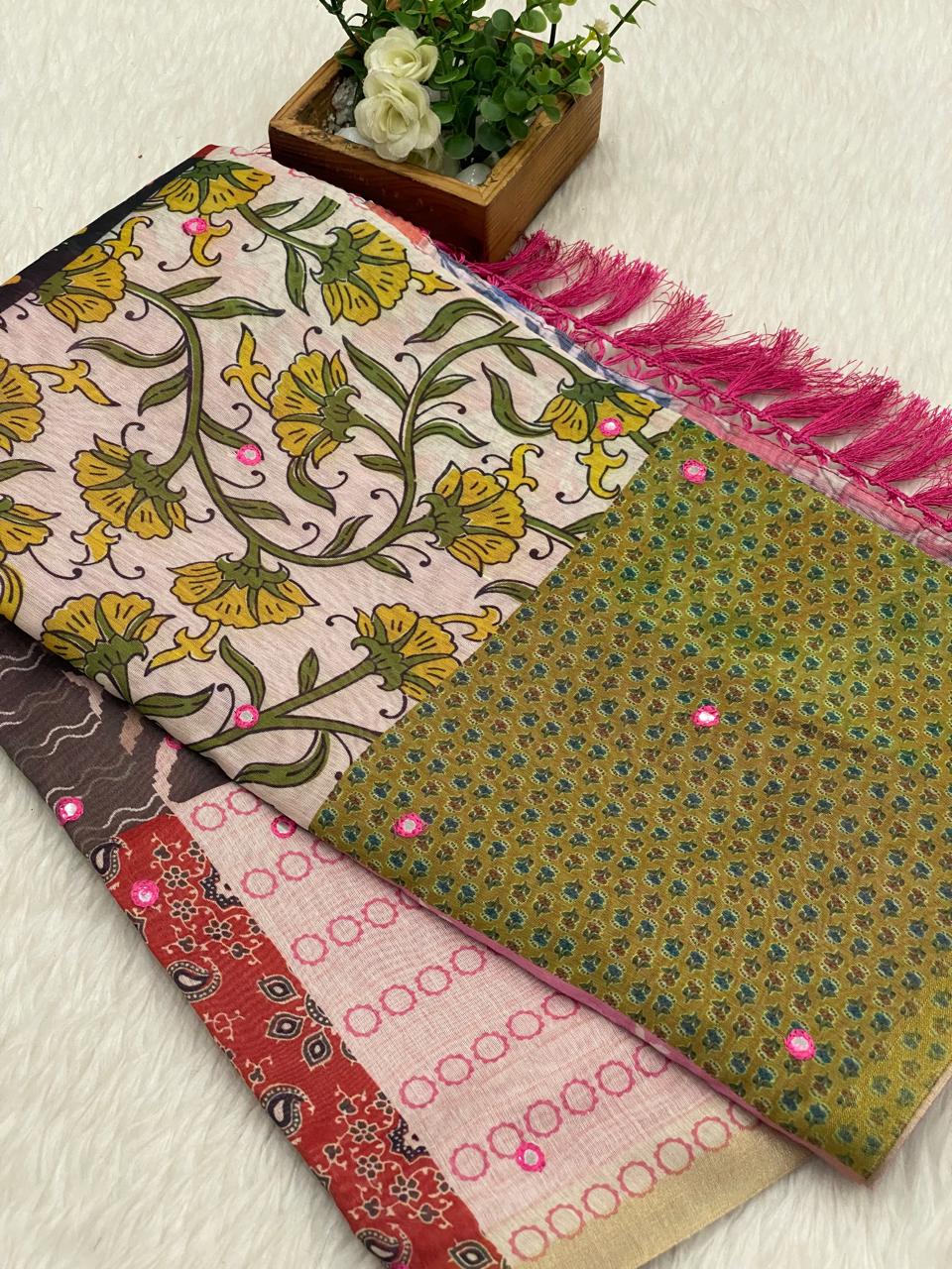 Mirror Work Chanderi Sico Sarees