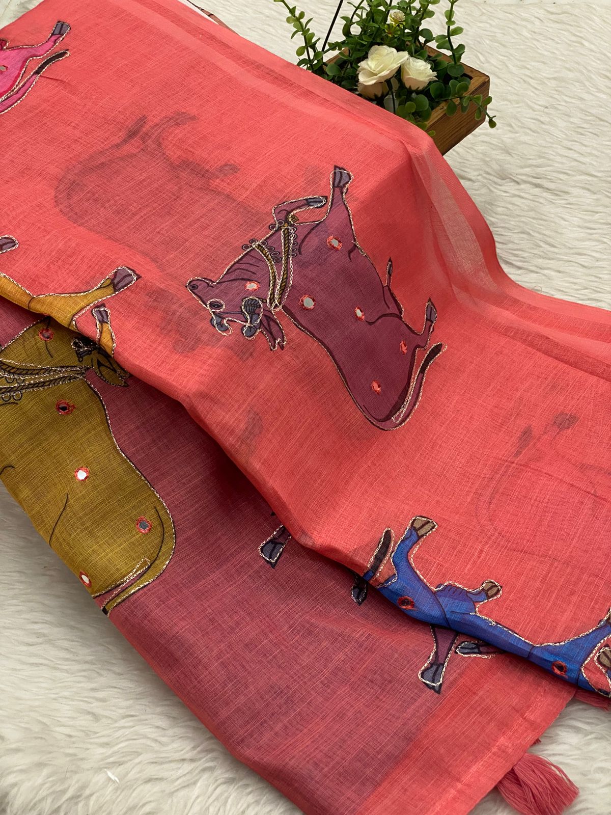 Linen with Mirror Work Saree