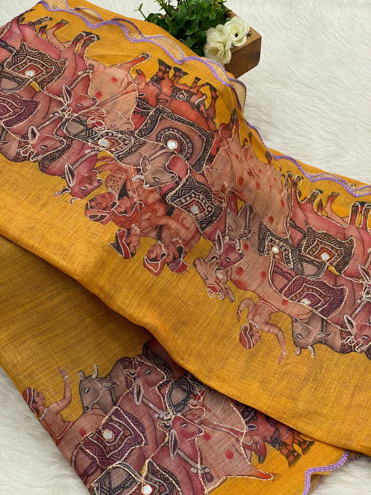 Linen with Mirror Work Saree