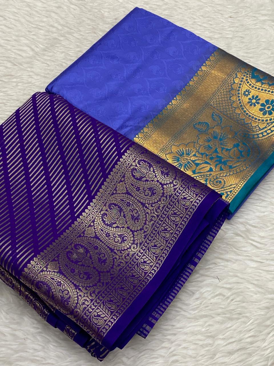 Semi Mysore Crepe Embose Combo Saree