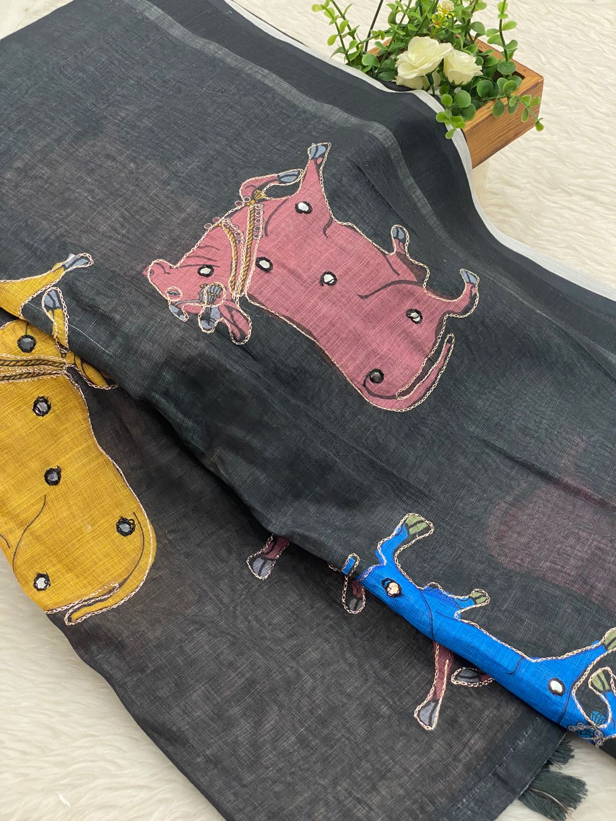 Linen with Mirror Work Saree