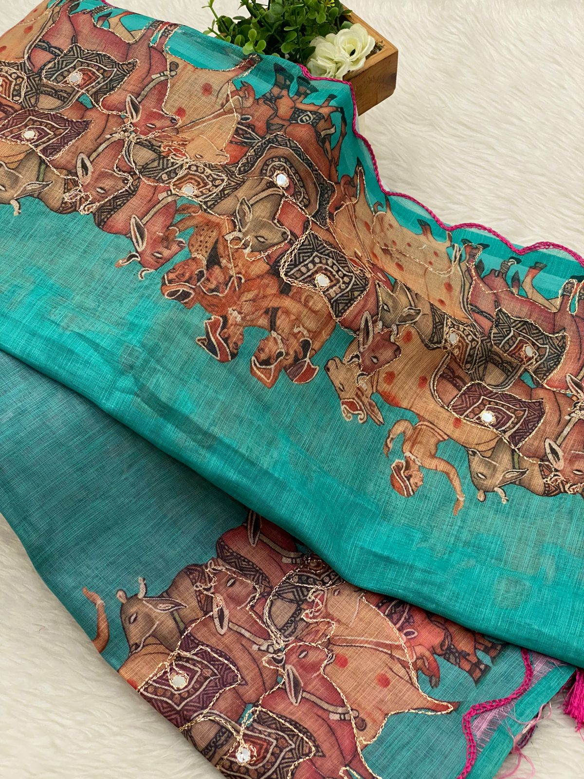 Linen with Mirror Work Saree