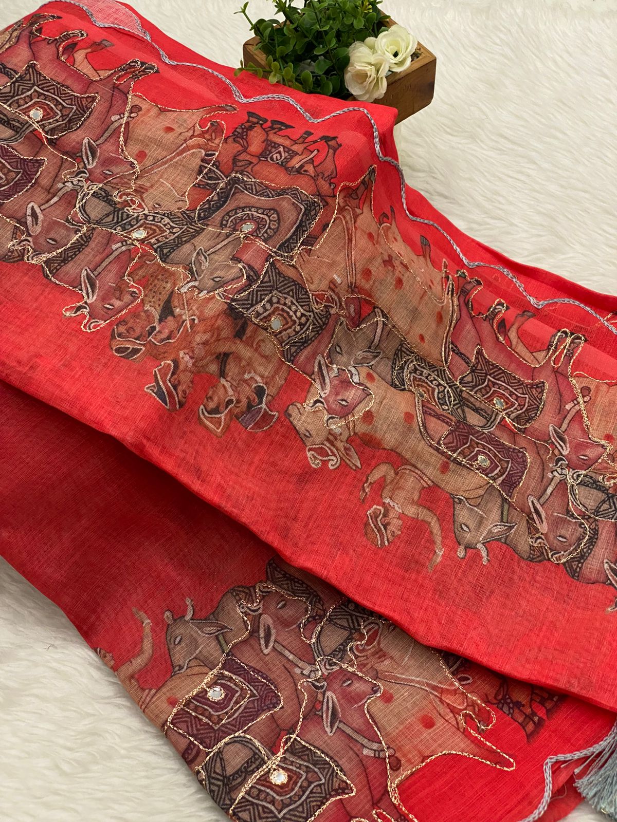 Linen with Mirror Work Saree