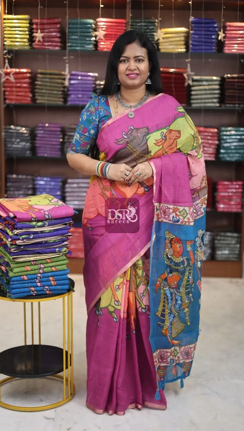 Linen Cotton saree with kalamkari prints
