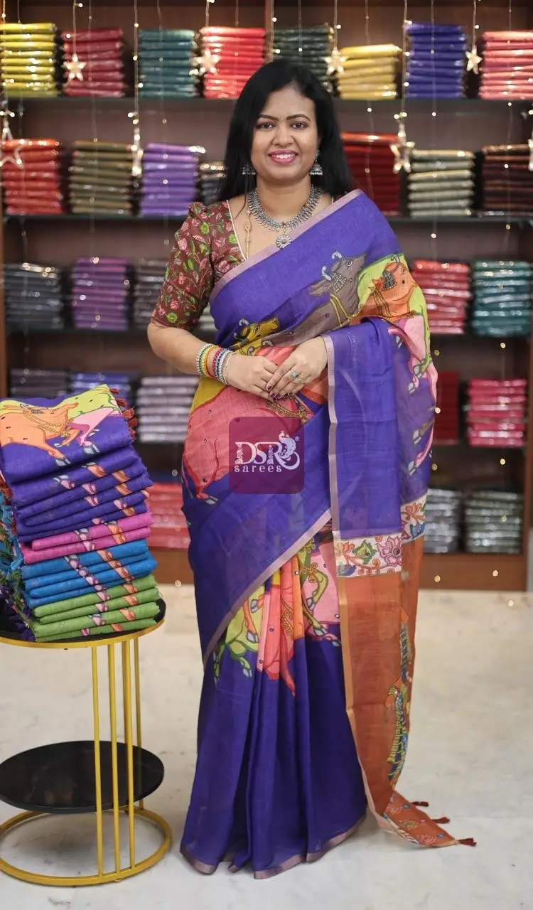 Linen Cotton saree with kalamkari prints