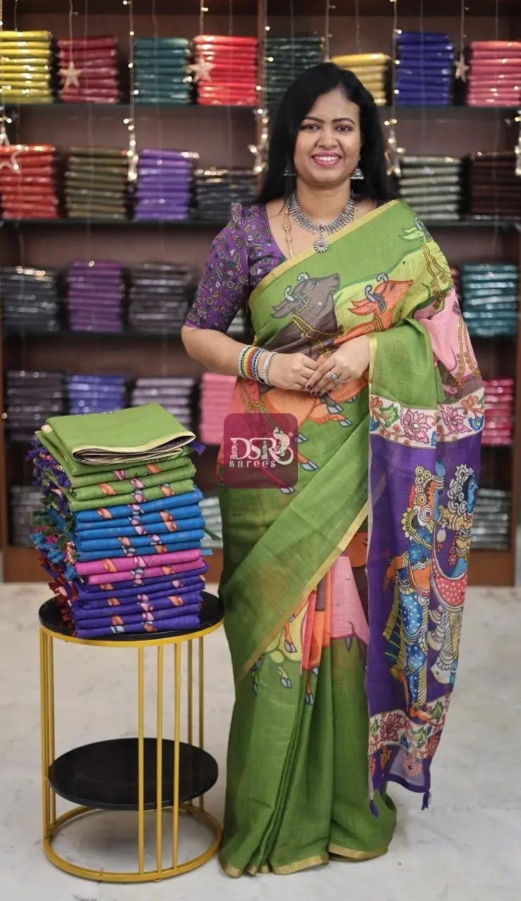 Linen Cotton saree with kalamkari prints