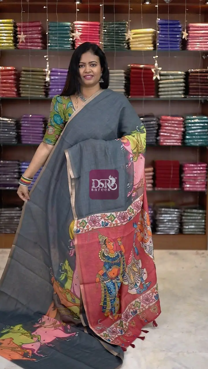Linen Cotton saree with kalamkari prints