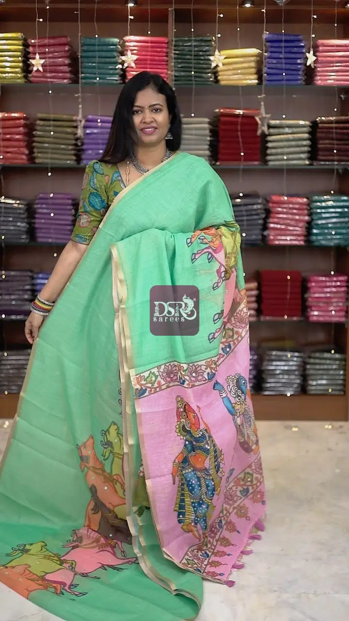 Linen Cotton saree with kalamkari prints