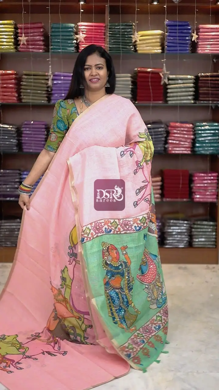 Linen Cotton saree with kalamkari prints