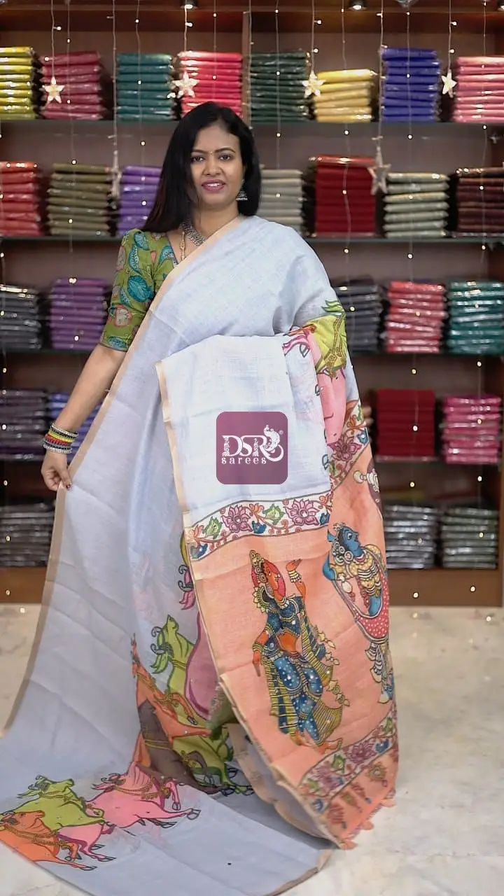 Linen Cotton saree with kalamkari prints