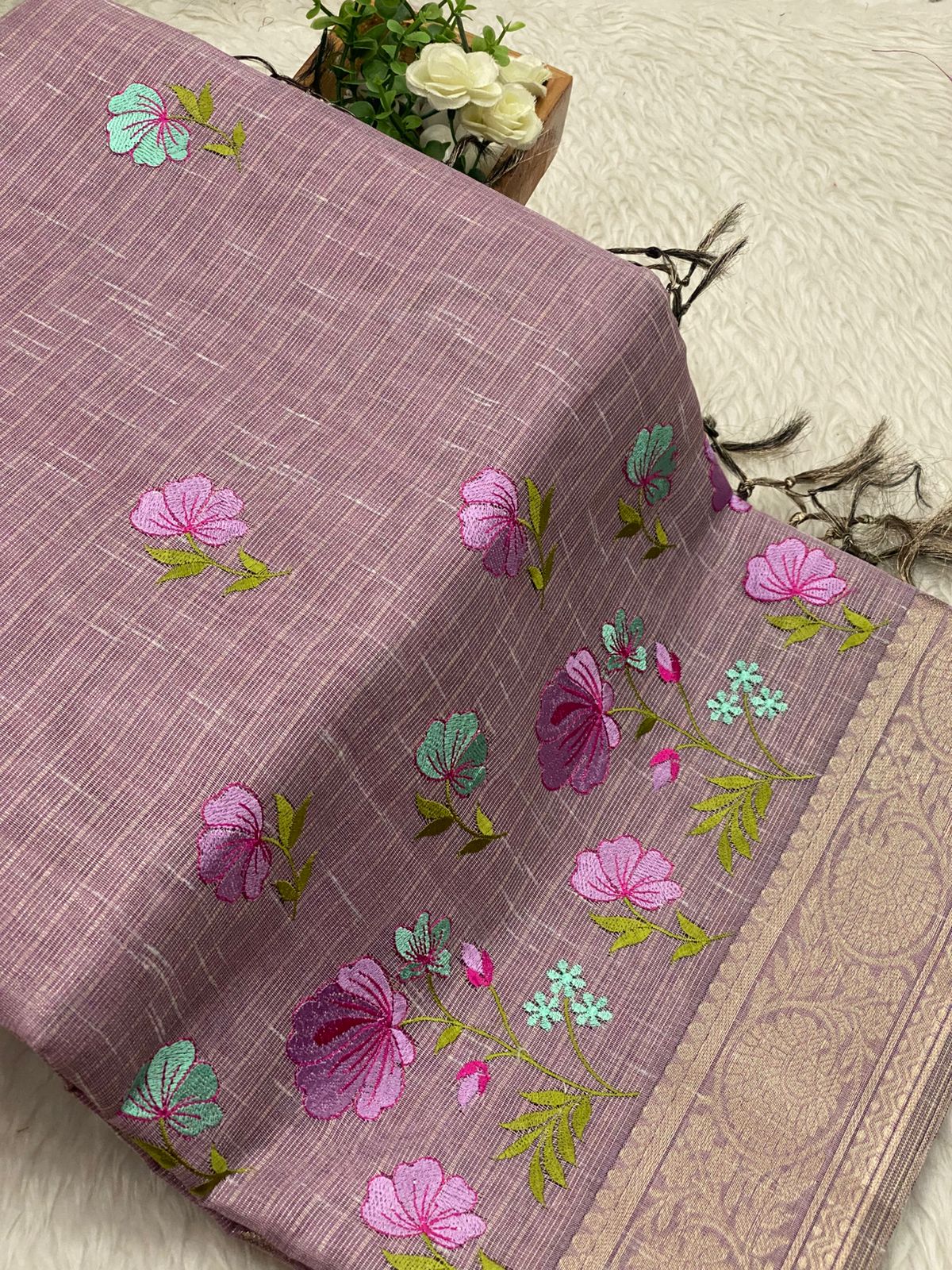 Linen Embroidery Saree